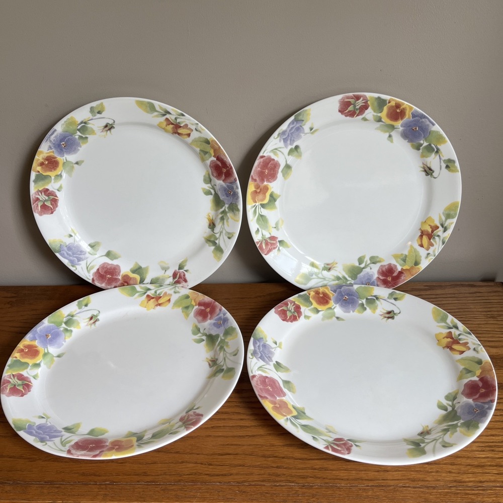 Set of 4 Corelle Summer Blush Dinner 10 1/4" Plates Pansies Floral
